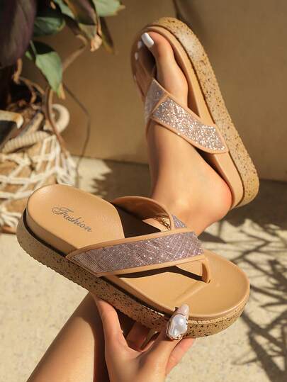 Hidkat 大码女士平底凉鞋，度假风休闲百搭水钻装饰拖鞋