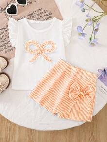 4-7岁女童夏季白色喇叭袖T恤+蓝白条纹短裙两件套，可爱蝴蝶结装饰，清新甜美欧式风格，透气泡泡雪纺面料，2026新款夏季假日女童套装 - 橘色 - 查看 2