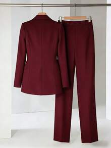 Blazer Set With Lining And Shoulder Pads, And Wide-Leg Trousers With Gold Button Detail. - Màu Đỏ Sâu - Xem 2