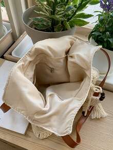 2026春夏新款镂空编织手提包、单肩包、腋下包、商务休闲托特包，女士适用，适合工作、购物、约会、旅行、上学、日常使用。 - 米色 - 查看 7