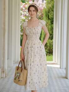 French Retro Botanical Graffiti Square Collar Tie Waist Dress, Women's Spring/Summer 2025 New Beach Vacation Style Elegant - Apricot - View 3