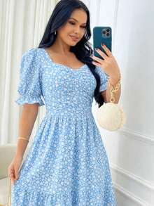 Women's Elegant Puff Sleeves Casual Party Midi Dress - Blue Sky - View 2