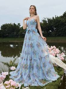 Faeriesty 优雅女士蓝色无肩带束身胸衣式长款派对礼服，花卉印花薄纱伞裙，腰间系带，完美适用于春季婚礼、花园派对、户外林地庆典、湖畔度假聚会等场合。 - 藍色 - 查看 8