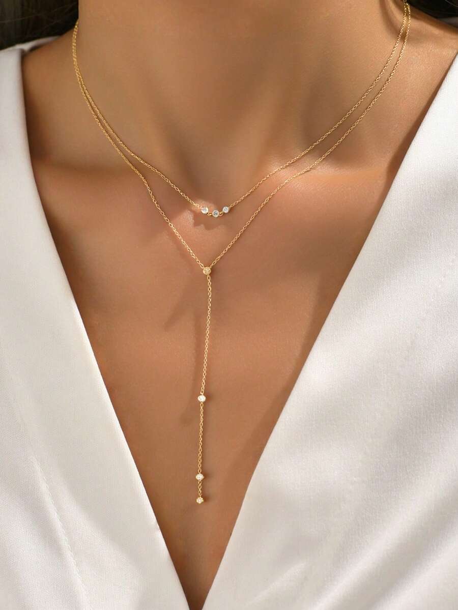 1件优雅立方氧化锆镶嵌多层Y型项链，适合女性日常、约会、派对、音乐节等场合搭配 - 金黃色 - 查看 1