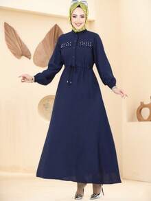 端庄女士藏蓝色抽绳腰身长款连衣裙，饰有水钻口袋和泡泡袖，伊斯兰休闲长裙 - 藏蓝色 - 查看 5