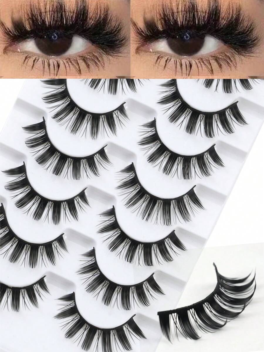 New 7pairs Cat Eye Lashes Natural Long Clear Band Lashes Winged End Eye Elongated Eyelashes Faux Mink Eyelashes Fox Eye Makeup False Eyelashes Cosplay False Eyelashes Makeup - Black - View 1
