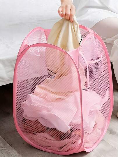 1 pieza Cesta de lavandería, Cesta de lavandería plegable, Cesta de almacenamiento de malla portátil, Cesta de almacenamiento de ropa sucia, Caja de almacenamiento de ropa sucia, Estantería de almacenamiento de juguetes y varios para el hogar, Cesta colgante de almacenamiento para el baño, Artículos de lavandería y baño, Accesorios de baño, Gadgets de baño