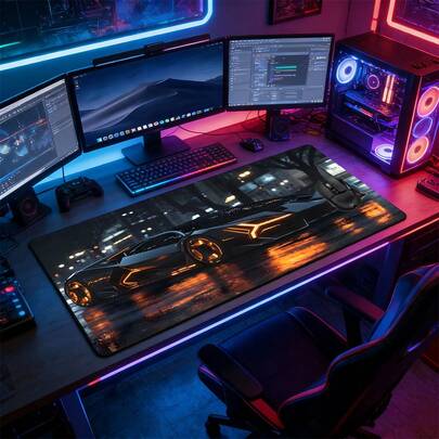 YUFZX Alfombrilla de ratón grande extendida para juegos con diseño de coche deportivo ciberpunk con luces, base de goma antideslizante, borde cosido, diseño artístico de carreras de neón, accesorio de computadora duradero para el hogar, la oficina y la configuración de juegos, regalo ideal para gamers y entusiastas del automóvil, niños, niñas y adolescentes