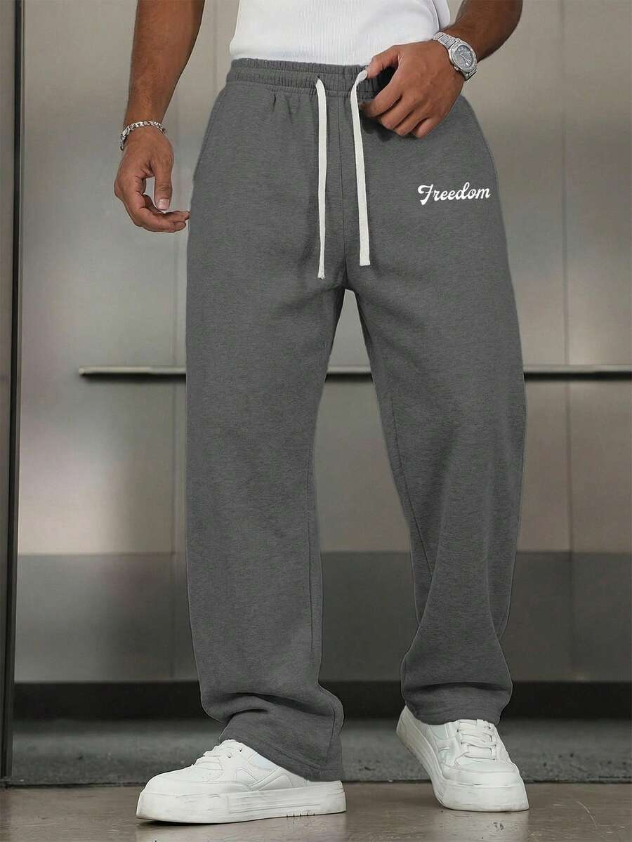 Men's Letter Print Wide Leg Sweatpants, Black Loose Long Pants, Drapey Casual Sports Pants, American Vintage Letter Sweatpants, Loose Wide Leg Pants, Street Style Casual Long Pants, Great Gift For Boyfriend And Father - Dark Grey - View 1