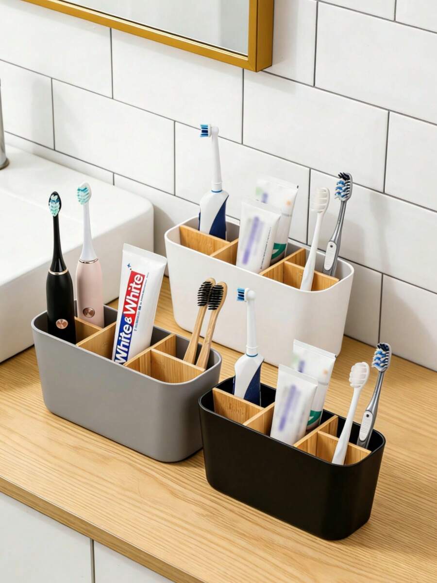 1pc Multifunctional Bamboo Toothbrush Holder, 5-Slot Independent Storage Rack For Bathroom Countertop, Durable And Elegant Home Decor Accessory, Fashionable Bathroom Supplies, Bathroom Storage, Ramadan Gift