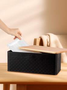 Caja de almacenamiento rectangular grande de metal con tapa de bambú, textura en relieve, contenedor de aperitivos de escritorio - Ver 8