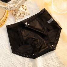 Silk Satin Panties For Women With Pure Cotton Crotch, Japanese Sweet Style, Mid-Waist, Seamless, Breathable, Lace Mesh, Plus Size Triangle Panties - Màu tím nhạt - Xem 4