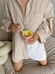 Look Polly 女士春夏 Y2K 条纹长袖衬衫，单排扣休闲时尚，沙滩装，口袋设计，返校季服装，复古风可爱教师衬衫，宽松纽扣衬衫，女士教师套装，大码沙滩衬衫，沙滩风，情人节女士时尚衬衫 - 卡其色 - 查看 9