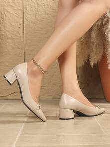 女士尖头优雅粗跟套脚时尚高跟鞋 - 杏色 - 查看 3