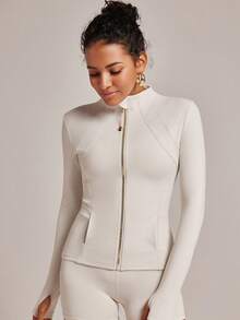 VUTRU Women's Long Sleeve Jacket With Pockets And Thumb Holes, Running Workout Activewear Top Spring - Creamy White - View 5