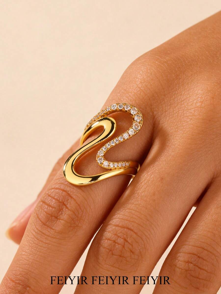 Size 7 & 8 Women's Retro Wave 8-Shaped Cubic Zirconia Ring, 18K Gold Plated Anti-Fading Charming Ring, Wedding Anniversary Birthday Gift, 2026 New Arrival - Multicolor - View 1