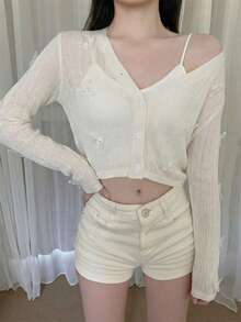 女士透视针织开衫，饰有3D蝴蝶图案 - 时尚优雅休闲甜美白色纽扣长袖上衣，适合春夏假期穿着 - 白色 - 查看 3