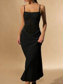 WOWDARK 夏季蕾丝拼接透视吊带连衣裙，优雅女士连衣裙，适合狂欢节、约会、聚会、派对、旅行、度假、海滩等场合。 - 黑色 - 查看 2