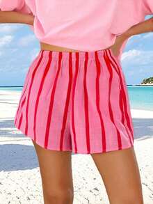 Pink & Red Stripe Shorts, Women's Casual Summer Beach Vacation Outfits - Pink - View 2