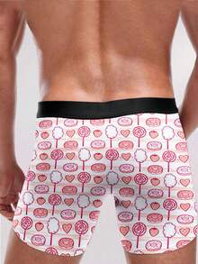 1件男士趣味平角内裤，趣味甜点印花（棒棒糖、棉花糖、甜甜圈），涤纶材质，可爱休闲家居服，情人节及甜蜜主题礼物的完美之选 - 粉色 - 查看 2