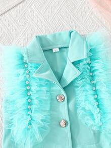 女孩时尚套装 - 吊带背心搭配珍珠刺绣薄纱领无袖西装外套和简约百褶裙 - 薄荷藍 - 查看 6