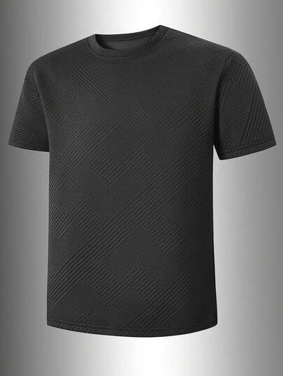 1pc Men's Black Textured Short Sleeve T-Shirt - Geometric Knit Fabric, Refined Detailing, Casual Streetwear Style
