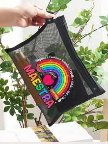 Maestra字母图案网眼化妆包，透明彩虹爱心设计化妆品收纳袋，字母印花拉链化妆包，透明网眼储物袋/洗漱包，便携式化妆包，适合收纳化妆品、护肤品和浴室用品，是送给她、老师、母亲、朋友、宿舍、母亲节、毕业季、旅行、复活节、返校季的理想礼物。 - 彩色 - 查看 7