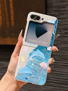 1pc Fashionable And Simple Skin Feel PC Material Cute And Simple Ocean Dolphin Jellyfish Element Folding Phone Case, Can Protect And Prevent Falling For: SamsungGalaxy Zflip 3/Zflip 4/Zflip 5/Zflip 6/Zflip 7/ Razr 50 Ultra/ Razr 60 Ultra/ Razr 60/ Razr 50/Galaxy Z Flip7 FE - Baby Blue - View 5