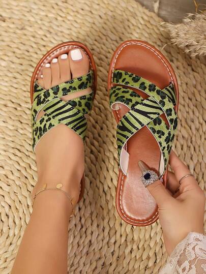 Teens' New Toe-Ring Backstrap Decor Flat Sandals, Casual Vacation Style, Daily Commute, Holiday Outing, Campus Outfit, Girlfriend Shopping, Green Leopard Print, White Leopard Print, Brown Leopard Print