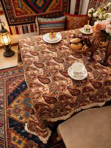 1pc Vintage Floral Jacquard Tablecloth, Rectangular, Bohemian Style, Washable, Suitable For Dining Table, Coffee Table, Bedside Cabinet, Family Kitchen, Dinner Party, Picnic, Holiday Celebration, Outdoor BBQ, Spring/Summer Decor, All Season - Brown Cashew Flower - View 9