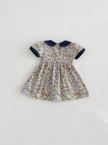 Miniweenns 1件女婴休闲碎花拼接领刺绣短袖连衣裙，夏季 - 藏蓝色 - 查看 5