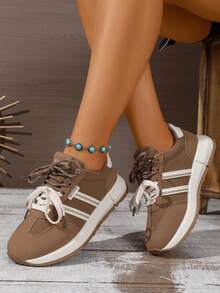 2026新款春季女士厚底运动鞋，平底圆头时尚系带休闲鞋，皮革鞋面，四季皆宜卡其色跑步鞋 - 卡其色 - 查看 2