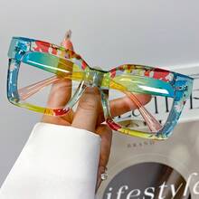 New Classic Bohemian Large-Frame Square Fashion Non-Prescription Glasses For Women And Men, High-Quality Multi-Color Block  Versatile Street Style Glasses For Women, Suitable For Daily Wear And As Decorative Eyewear - 5顏色 - 查看 3