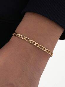 1pc Classic Minimalist Luxury Figaro Chain Bracelet For Men, Layerable High-End Design - Yellow Gold - View 1