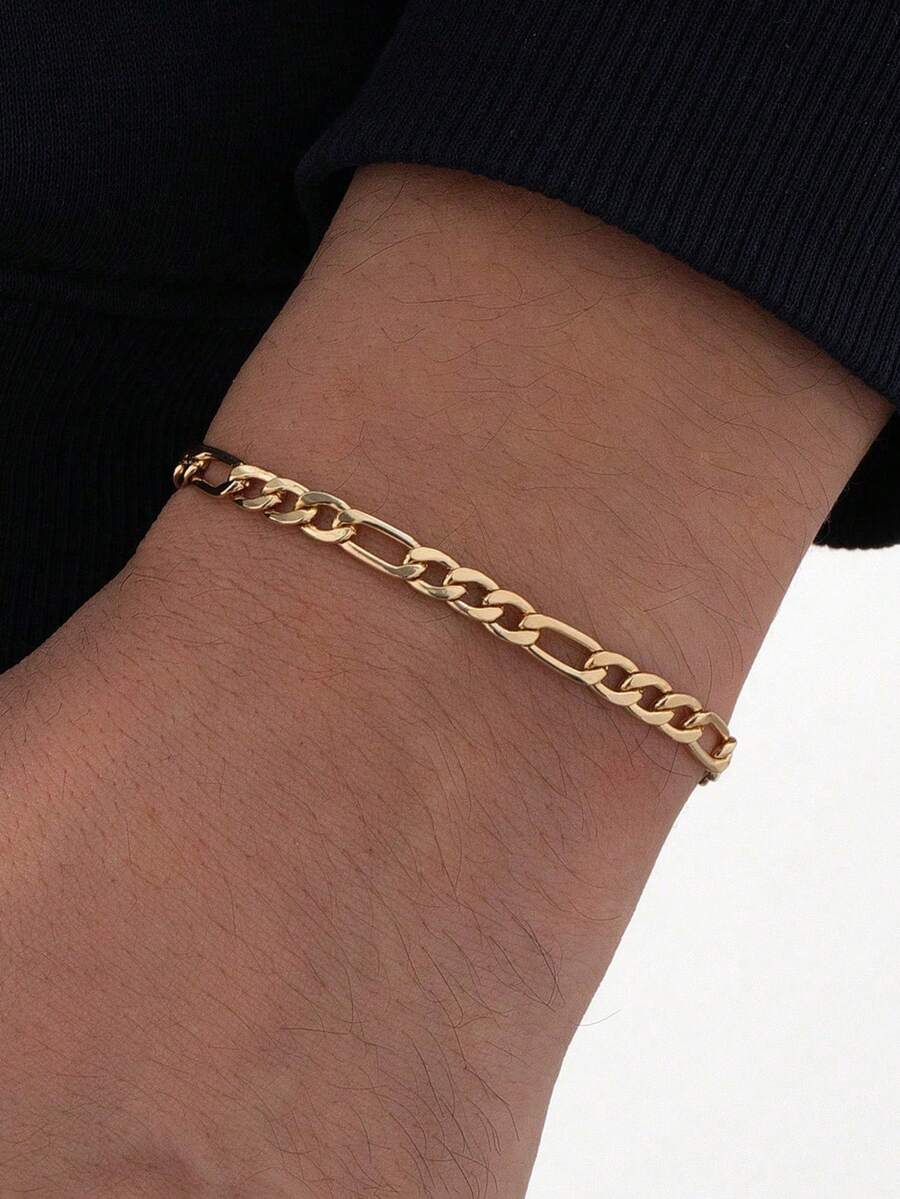 1pc Classic Minimalist Luxury Figaro Chain Bracelet For Men, Layerable High-End Design - Yellow Gold - View 1