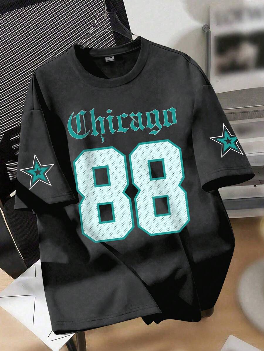 Áo thun rộng rãi phong cách thể thao retro dành cho nam thiếu niên, in chữ "Chicago" và số 88, điểm nhấn ngôi sao, tay ngắn dáng rộng, thích hợp cho hoạt động thể thao, tụ họp bạn bè, mặc thường ngày. - Màu xám đen - Xem 1