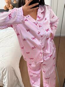 Dreamivo 2pcs Plus Size Women's Pink Striped Long Sleeve Pajama Set - Pink - View 5