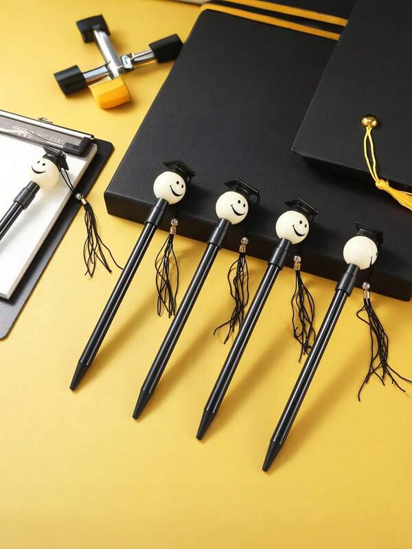 10pcs - Graduation Gift Ballpoint Pens, Designed As Graduation Cap Shape With Tassel And Smiling Face Decor. Black Gel Ink Pens, Suitable For Graduation Celebration, Graduation Decoration, Daily Use And Birthday Party Gifts.