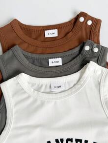 Bộ 3 món áo liền quần không tay cho bé, in chữ kiểu Mỹ, thoáng khí, thích hợp mặc ngoài trời. - Nhiều màu - Xem 3