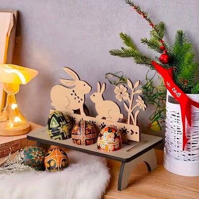 1个木制复活节兔子造型彩蛋架，可重复使用的多孔彩蛋收纳架，带盖篮，适用于存放彩蛋，厨房用品