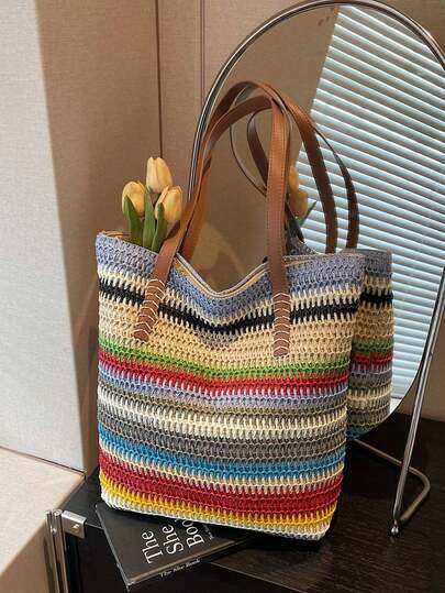 Large Capacity Woven Straw Beach Bag, Fashionable Hollow-Out Tote Bag, Versatile Straw Bag For Women