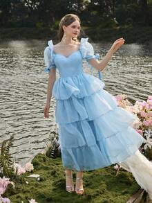 Faeriesty 优雅的欧根纱中长款派对礼服，心形领口，泡泡袖 - 多层荷叶边设计，适合婚礼、舞会、花园派对和正式晚宴等场合。春季 - 藍色 - 查看 4