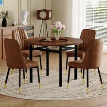 Modern And Minimalist Round Dining Table Set (With 4 Chairs In Brown Technical Fabric And Black Metal Legs), 100 Cm Diameter Round Table With A Wood Look, Suitable For The Dining Room And Kitchen. - Khaki - View 2