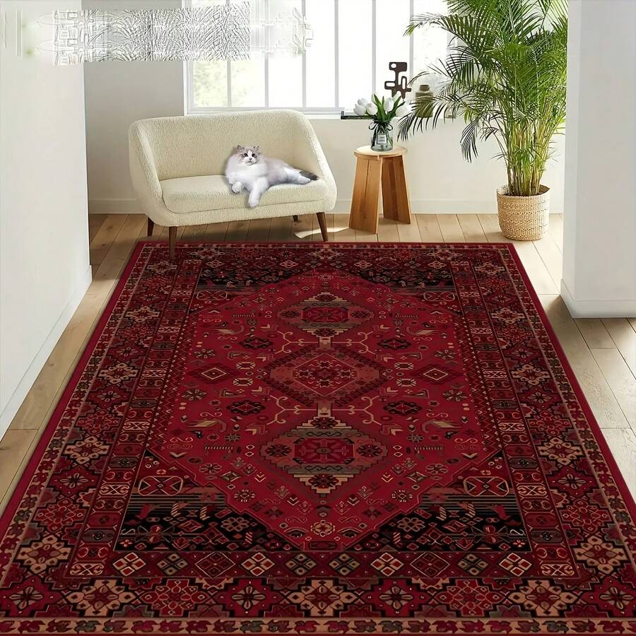 Vintage Red Persian Pattern Rug - Machine Washable, Soft Texture, Elegant Floral Design, Perfect For Living Room, Bedroom, Or Outdoor Space, Living Room Carpet | Elegant Home Decor | Backing, Living Room Carpet - contracted design - View 1