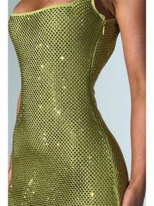Sexy Double Strap Sequin Mesh Diamond Suspender Dress Women 2026 Autumn And Winter New Temperament Waist Pullover Hip Wrap Skirt - màu xanh lá - Xem 6