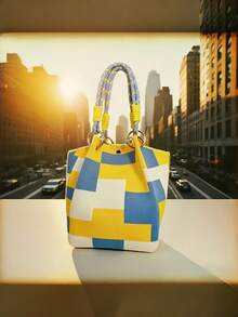 新款时尚女士手提包 - 多功能单肩包，带安全锁设计，大容量手提包，可作腕包、钱包、二合一收纳袋使用，适合旅行、户外、通勤和日常使用，耐用手柄，时尚配饰，新款INS风编织手提包，时尚白色锥形购物/摄影水桶包，节日礼物，购物袋，化妆品收纳袋 - 彩色 - 查看 6