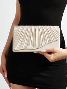 Luxury Champagne Pleated Clutch, Satin & Gold Wave Trim Evening Bag For Prom & Cocktail - Apricot - View 8
