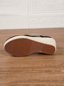 Women's Wedge & Platform Slip-On Espadrille Shoes, Black Round Toe Vacation Beach Woven Strap Sandals, Vacation Rope Sole Elastic Band Paired With Women's Shoes - Black - View 6