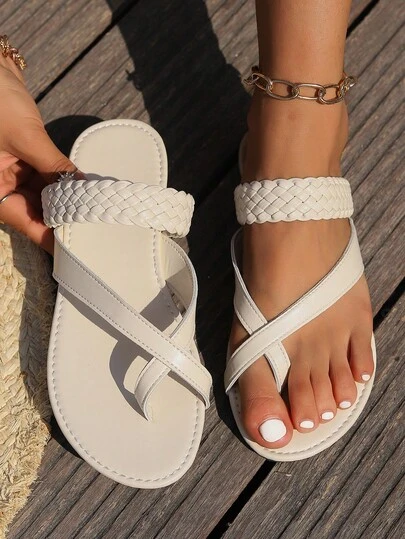 Teens New Toe-Strap Woven Decor Flat Sandals, Casual Vacation Style, Daily Commute, Holiday Outing, Campus Outfit, Girlfriend Shopping, Black Toe-Strap Woven Flat Sandals, Gold Toe-Strap Woven Flat Sandals, Beige Toe-Strap Woven Flat Sandals
