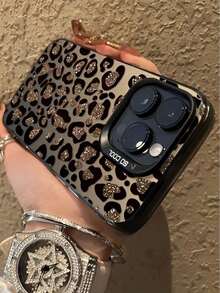 1pc Leopard Print Pattern With Independent Button IMD Shockproof Anti-Slip Black Phone Case With Large Camera Hole, Suitable For IPhone 17/Air 16/15/14 Plus/13/12/11/Pro/Pro Max/X/XR/XS/XS Max/7/8, Black & Silver - Multicolor - View 3